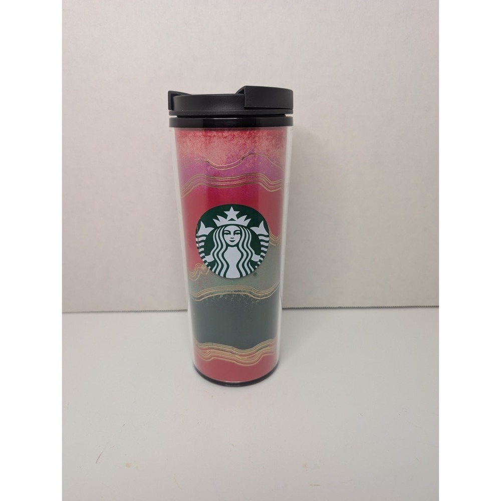 Starbucks 16oz Travel Tumbler‎ Pink Green Gold Waves Logo Coffee Cup w/ Lid